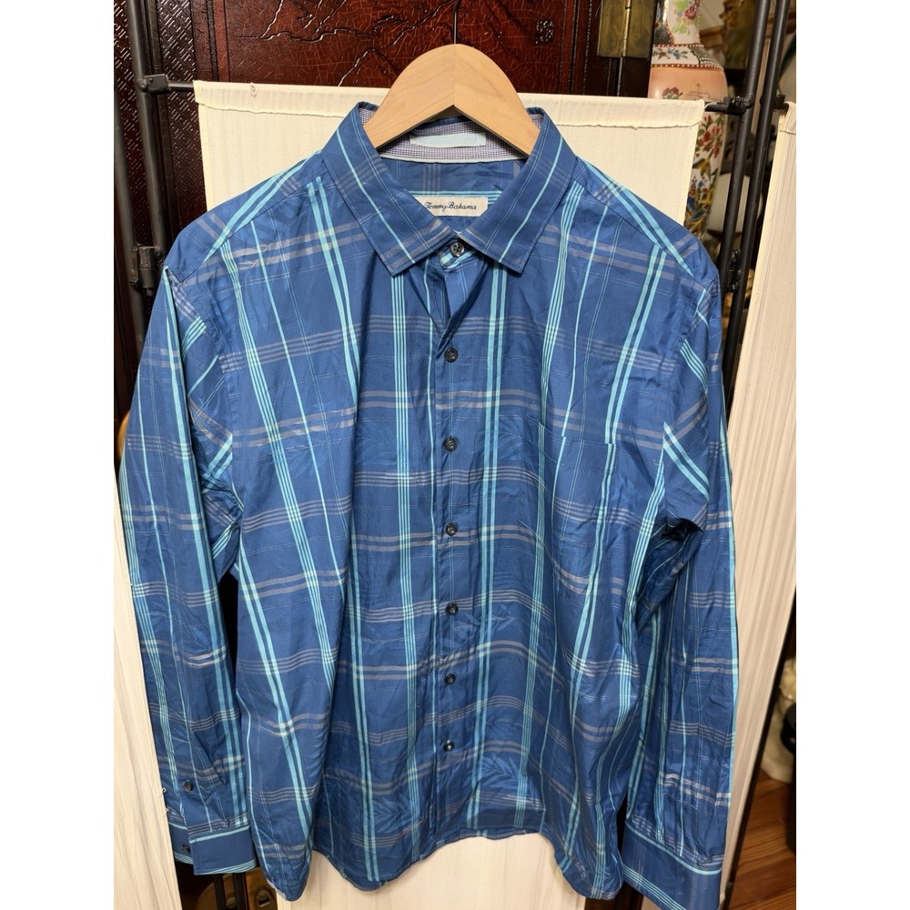 Tommy Bahama Men's Large Blue Aqua Plaid Long Sleeve Button Up Shirt